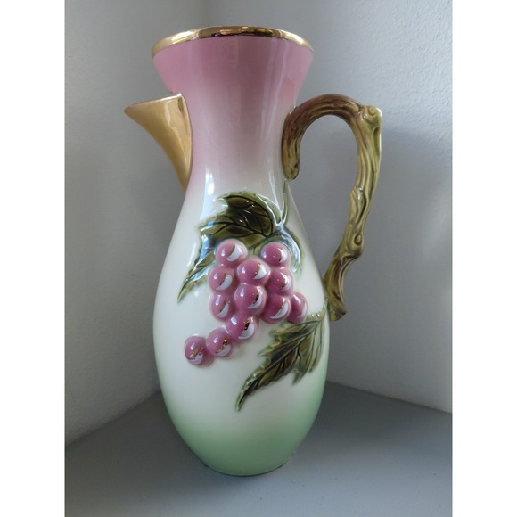 Hull Art Pottery Other - Hull Pottery LARGE Pitcher Service TOKAY Grapes Vine OMBRE Gold Trim USA 13" MCM